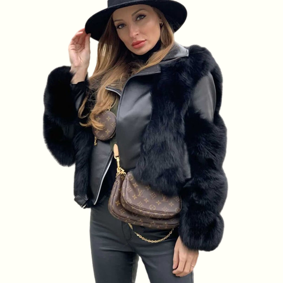 Black Leather Faux Fur Jacket Fashion modeling