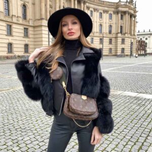 Black Leather Faux Fur Jacket Stand in the square scene