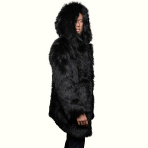 Mens Black Fur Jacket Standing Sideways Look To The Right