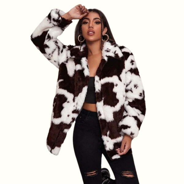 Cow Print Faux Fur Coat viewed from front