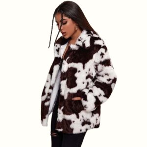 Cow Print Faux Fur Coat viewed from left side