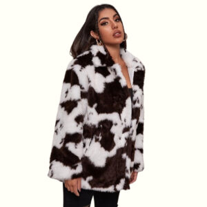 Cow Print Faux Fur Coat viewed from right side