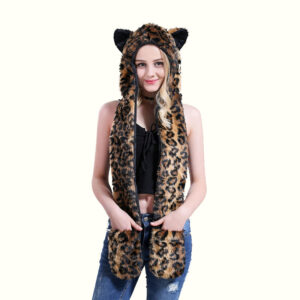 Leopard Hooded Scarf Smiling With Hands In Hat