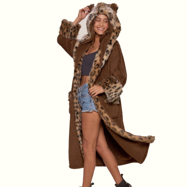 Leopard Print Robe With Hood Smiling To The Left