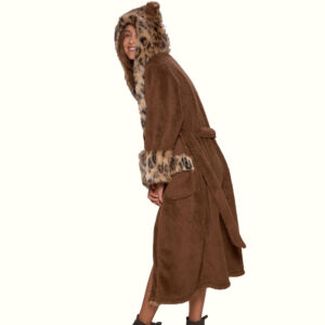 Leopard Print Robe With Hood Standing Sideways Bending Over And Smiling