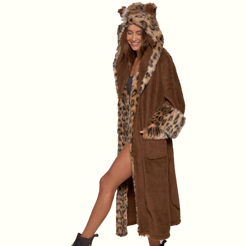 Leopard Print Robe With Hood Standing Sideways With Hands In Pockets