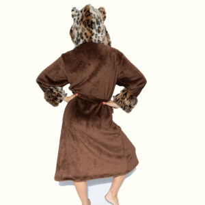Leopard Print Robe With Hood Standing With Arms Akimbo Viewed From Back