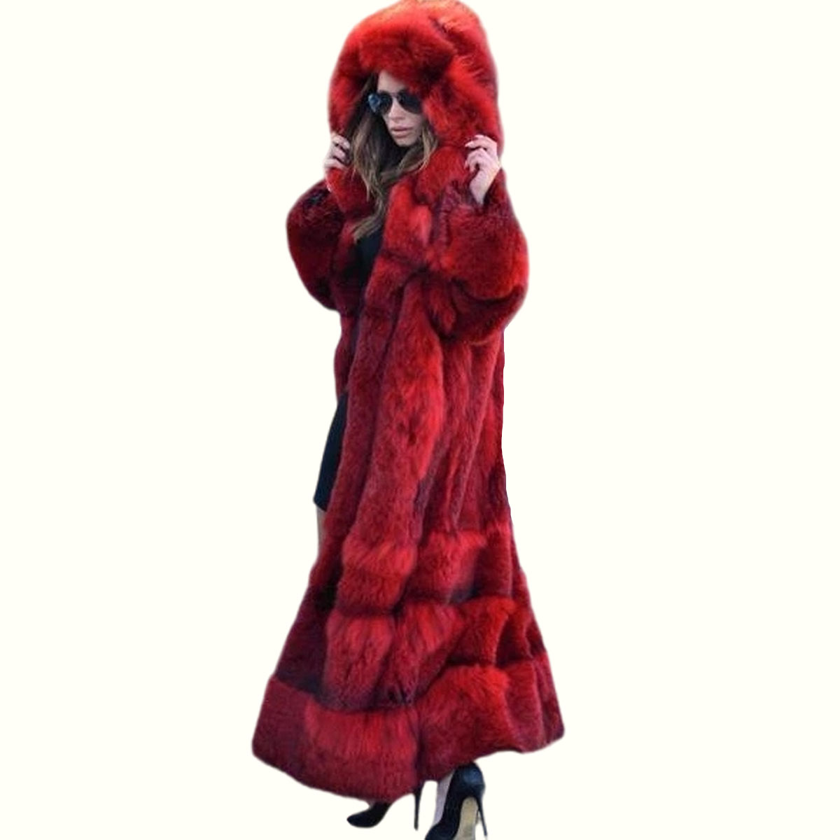 Long Red Fur Coat viewed from left side