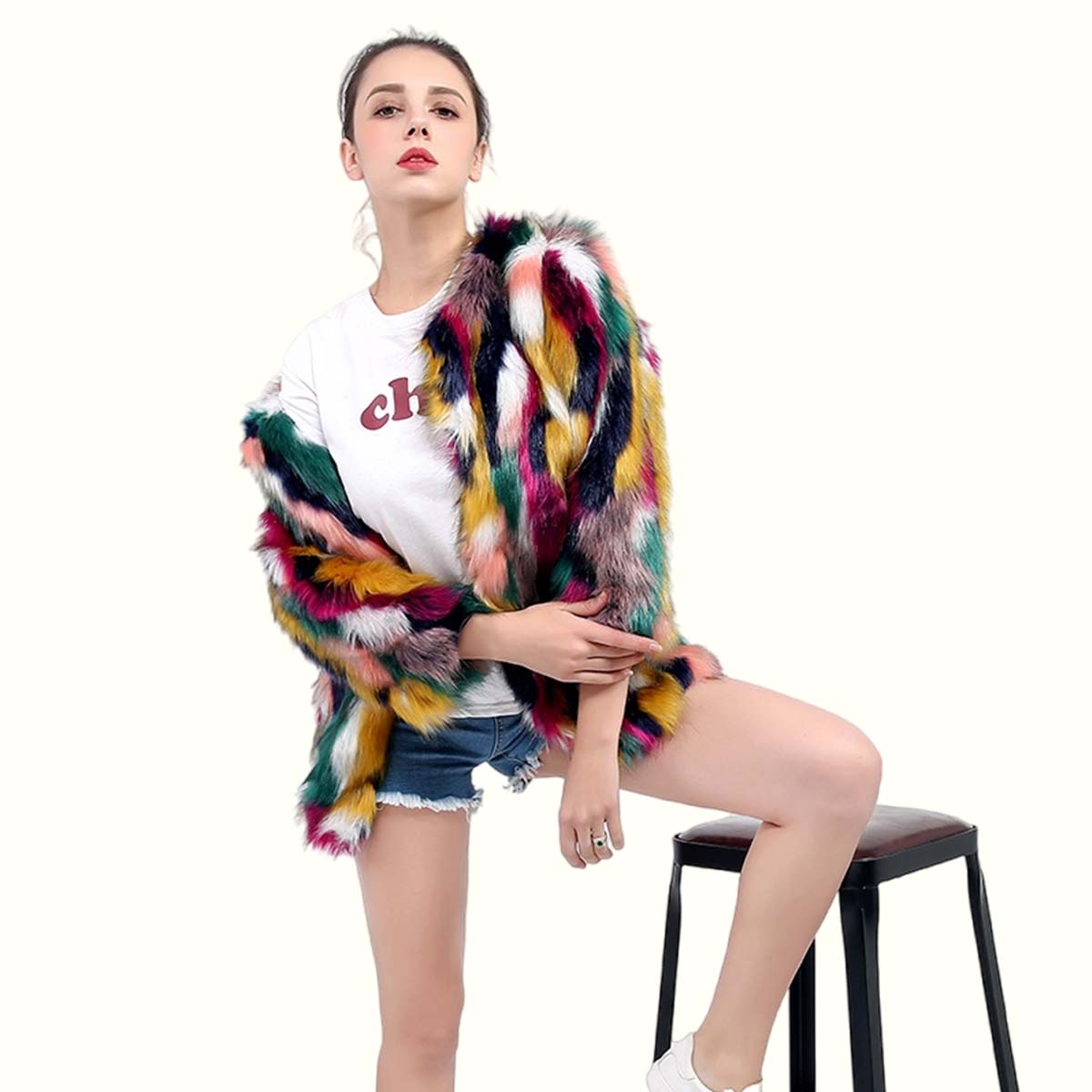 Multicolor Bomber Fur Jacket Left Foot On The Stool