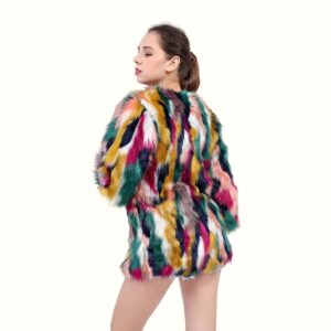 Multicolor Bomber Fur Jacket Standing Viewed From Back