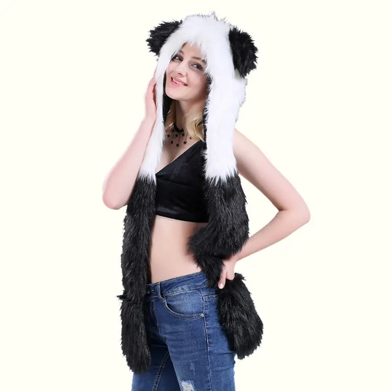 Panda Hooded Scarf One Hand On Hip And One Hand Touching Face