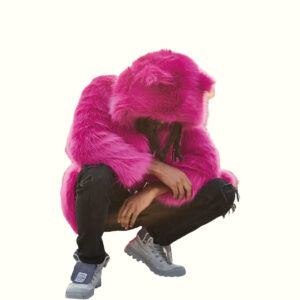 Pink Wolf Fur Coat Crossing Hands And Squatting