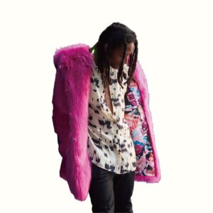 Pink Wolf Fur Coat Leaning On The Container