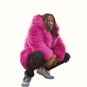 Pink Wolf Fur Coat Squatting