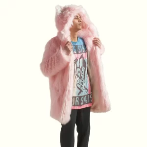Pink Wolf Fur Coat Lifting Clothes With Hands