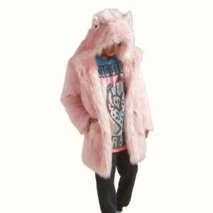 Pink Wolf Fur Coat Puting Right Hand In The Pocket And Bowing Head