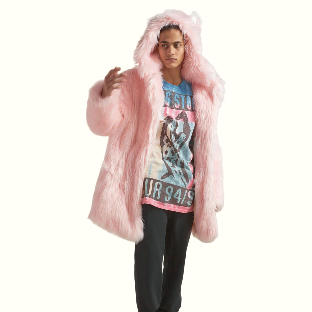 Pink Wolf Fur Coat Raising Your Right Hand And Looking To The Right