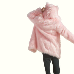 Pink Wolf Fur Coat back Right Hand Touching Head