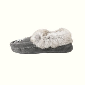 Rabbit Fur Slippers Grey Viewed From Left