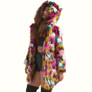 Rainbow Fluffy Hooded Faux Fur Coat viewed from Left
