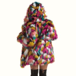 Rainbow Fluffy Hooded Faux Fur Coat viewed from back