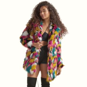 Rainbow Fluffy Hooded Faux Fur Coat viewed from front