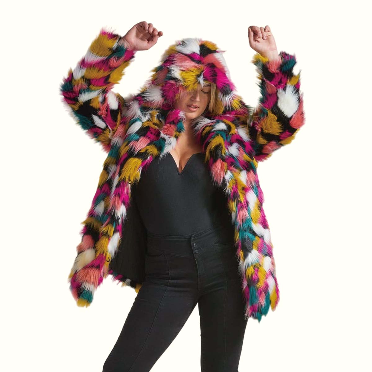 Rainbow Fluffy Hooded Faux Fur Coat in Victory