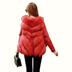 Red Fluffy Body Warmer White With Bag In Left Hand Viewed From Back