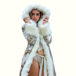 Sequin Hooded Fur Coat Front Holding The Hat With Both Hands-min