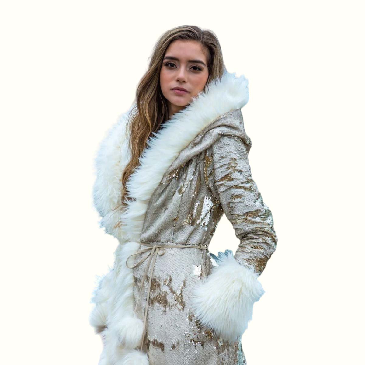 Sequin Hooded Fur Coat Staring At-min