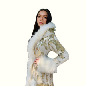 Sequin Hooded Fur Coat Touching The Waist With The Left Hand, Supporting The Tree With The Right Hand-min