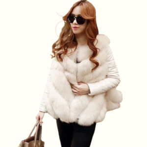 White Fluffy Body Warmer White Carrying Bag In One Hand And Holding Clothes In The Other