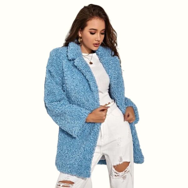 blue teddy faux fur coat Model pose