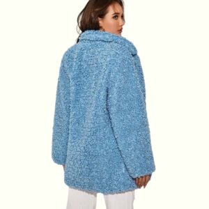 blue teddy faux fur coat viewed from back