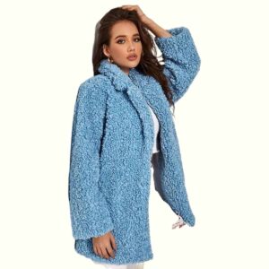 blue teddy faux fur coat viewed from right side