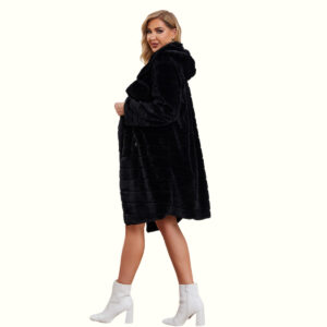 Black Mink Coat With Hood Lifting Hems Viewed From Left