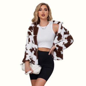 Cow Print Fur Jacket Half Undressing And Right Hand Carrying Bag Viewed From Front