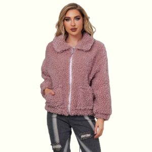 Teddy Fur Jacket Zipping Up And Right Hand In Pocket Viewed From Front