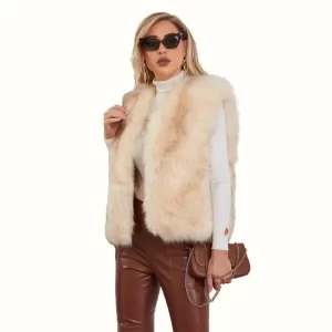 White Fur Vest Left Hand Carrying Bag Viewed From Front