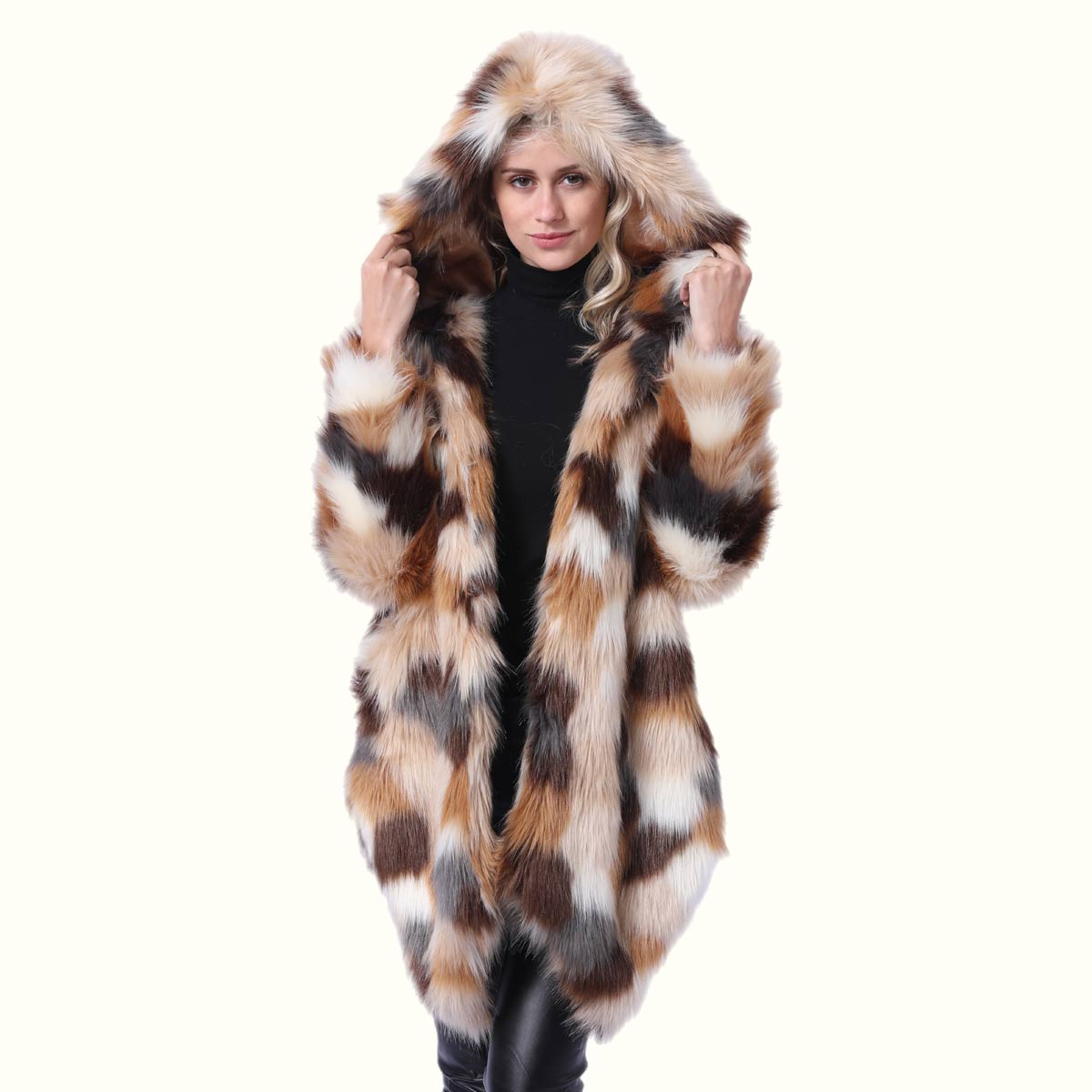 Multi Color Fox Fur Coat Model wearing a hat viewed from front