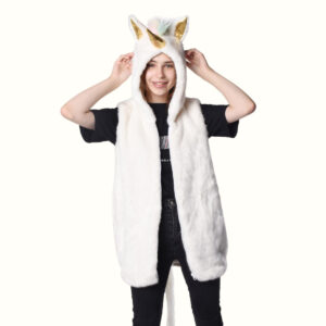 Unicorn Hooded Fur vest Viewed from front
