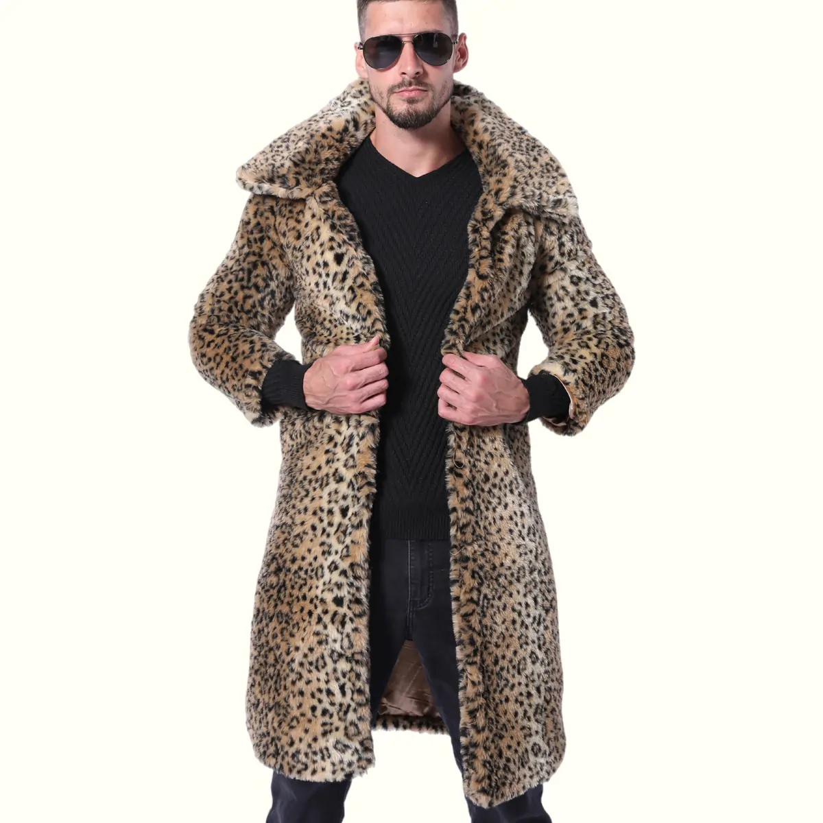 Wolf Fur Coat Men leopard front